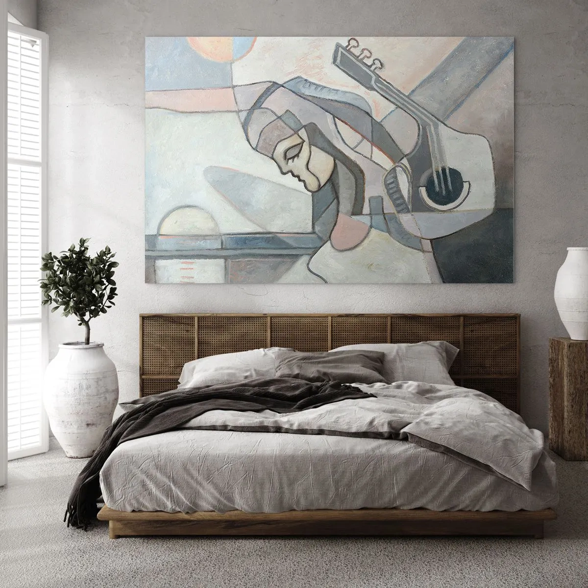 Obraz na szkle - Artystyczna postać kobiety z gitarą w pastelowych barwach - 100x70cm - We władzy muzyki - Nowoczesna dekoracja ścienna do salonu, kuchni i sypialni ARTTOR