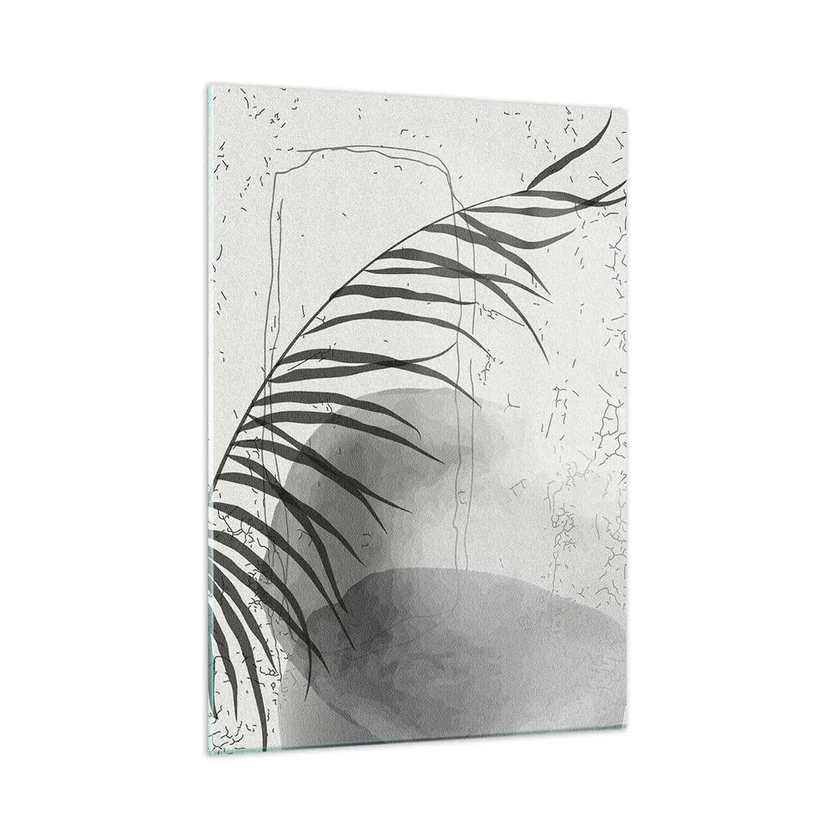 Obraz na szkle - Czarno-biała grafika z cieniem liścia palmowego - 50x70cm - Subtelna egzotyka natury - Nowoczesna dekoracja ścienna do salonu, kuchni i sypialni ARTTOR