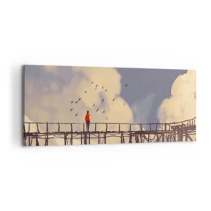 Obraz na płótnie - Postać na moście wśród chmur z ptakami na tle nieba - 120x50cm - Niebieska tęsknota - Nowoczesna dekoracja ścienna do salonu i sypialni ARTTOR