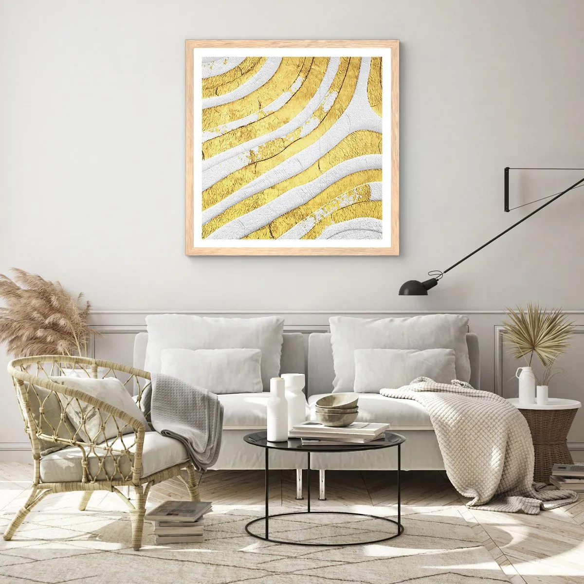 Plakat w ramie jasny dąb - Kompozycja w bieli i złocie - 30x30 cm