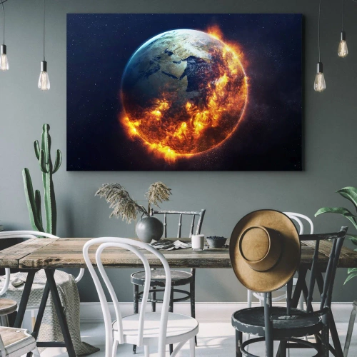 Obraz na płótnie - Płomień apokalipsy - Planeta Ziemia w ogniu w przestrzeni kosmicznej - 70x50cm
