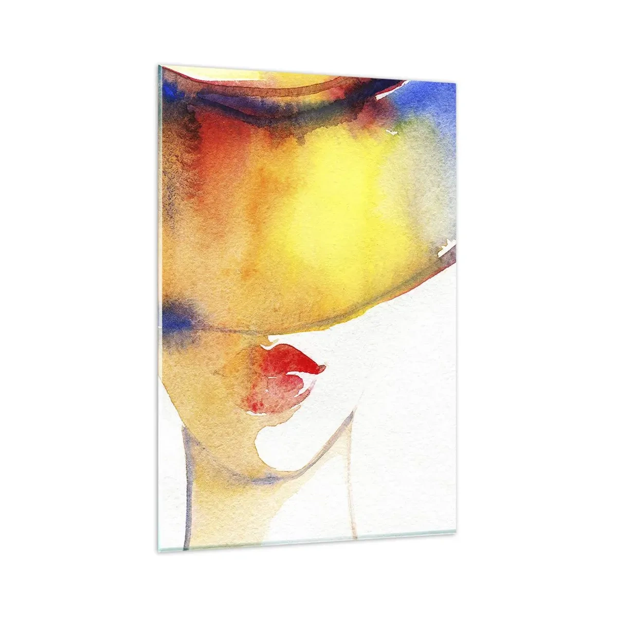 Obraz na szkle - Minimalistyczna akwarela kobiecego profilu z kolorowym kapeluszem - 80x120cm - Portret damy    - Nowoczesna dekoracja ścienna do salonu i sypialni ARTTOR