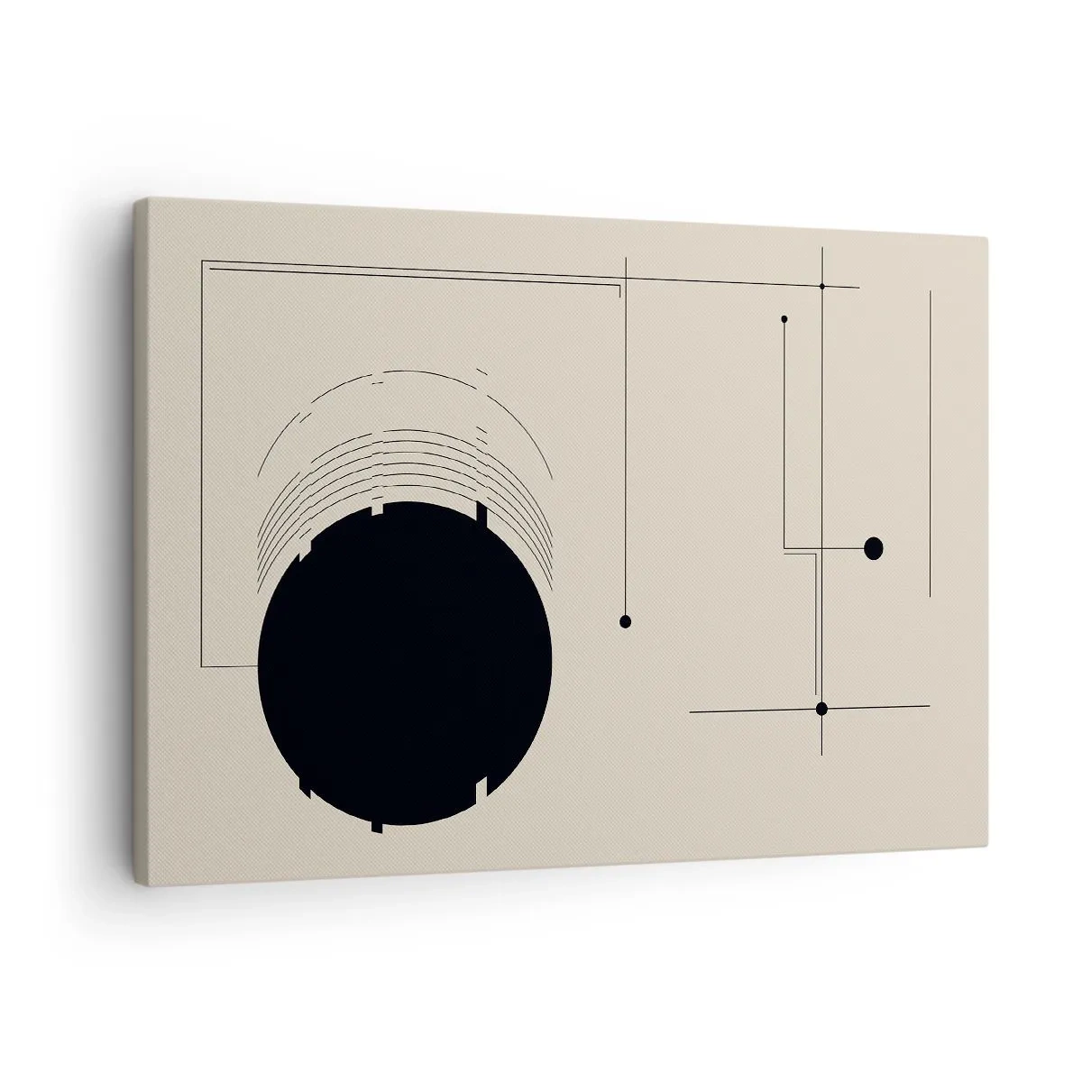 Obraz na płótnie - Czarne geometryczne linie i okrąg na beżowym tle - 70x50cm - Sprężysta i dynamiczna kompozycja - Nowoczesna dekoracja ścienna do salonu i sypialni ARTTOR
