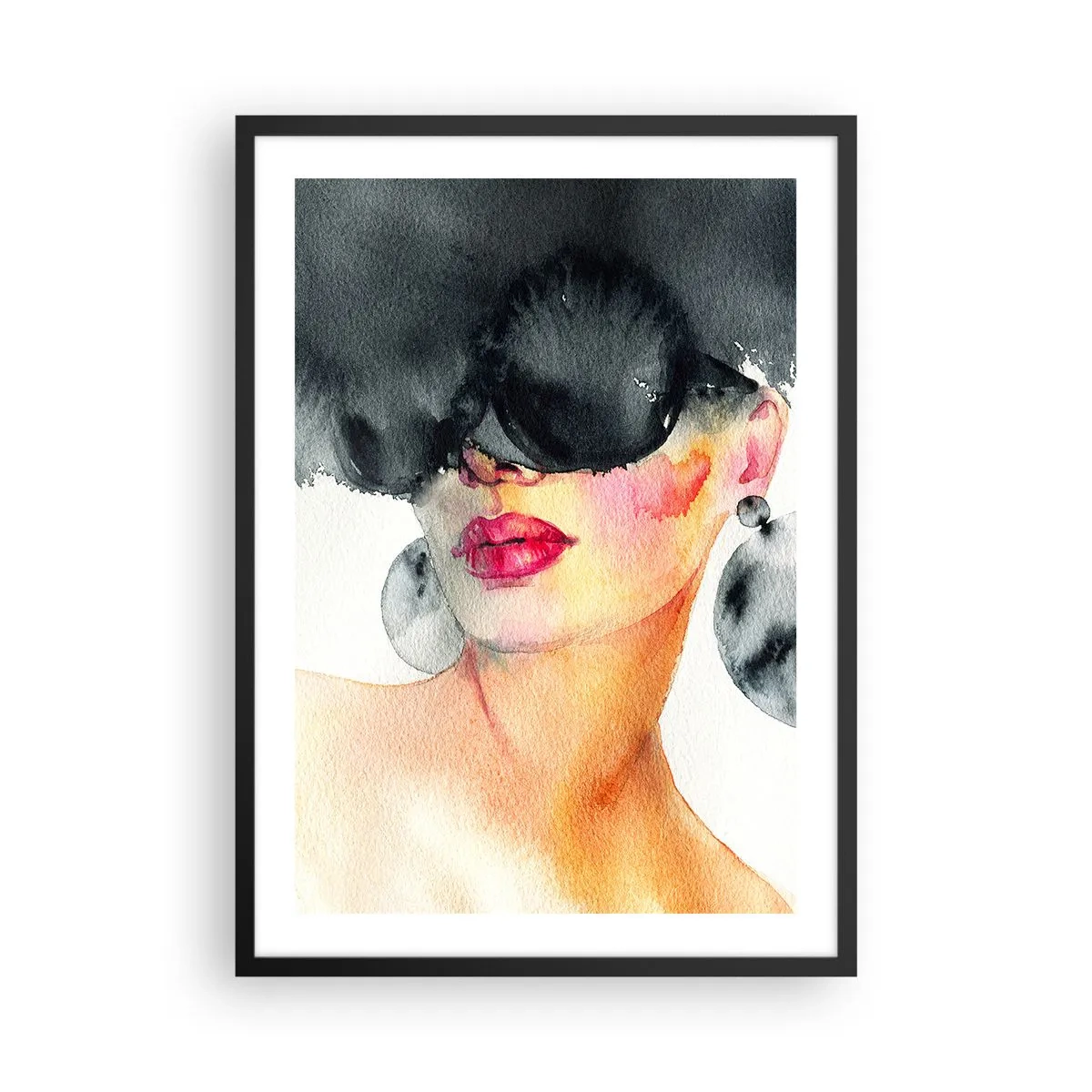 Plakat w czarnej ramie - Akwarelowy portret kobiety w dużych kolczykach i czarnej masce - 50x70cm - Tajemnica elegancji - Nowoczesna dekoracja ścienna do salonu i sypialni ARTTOR