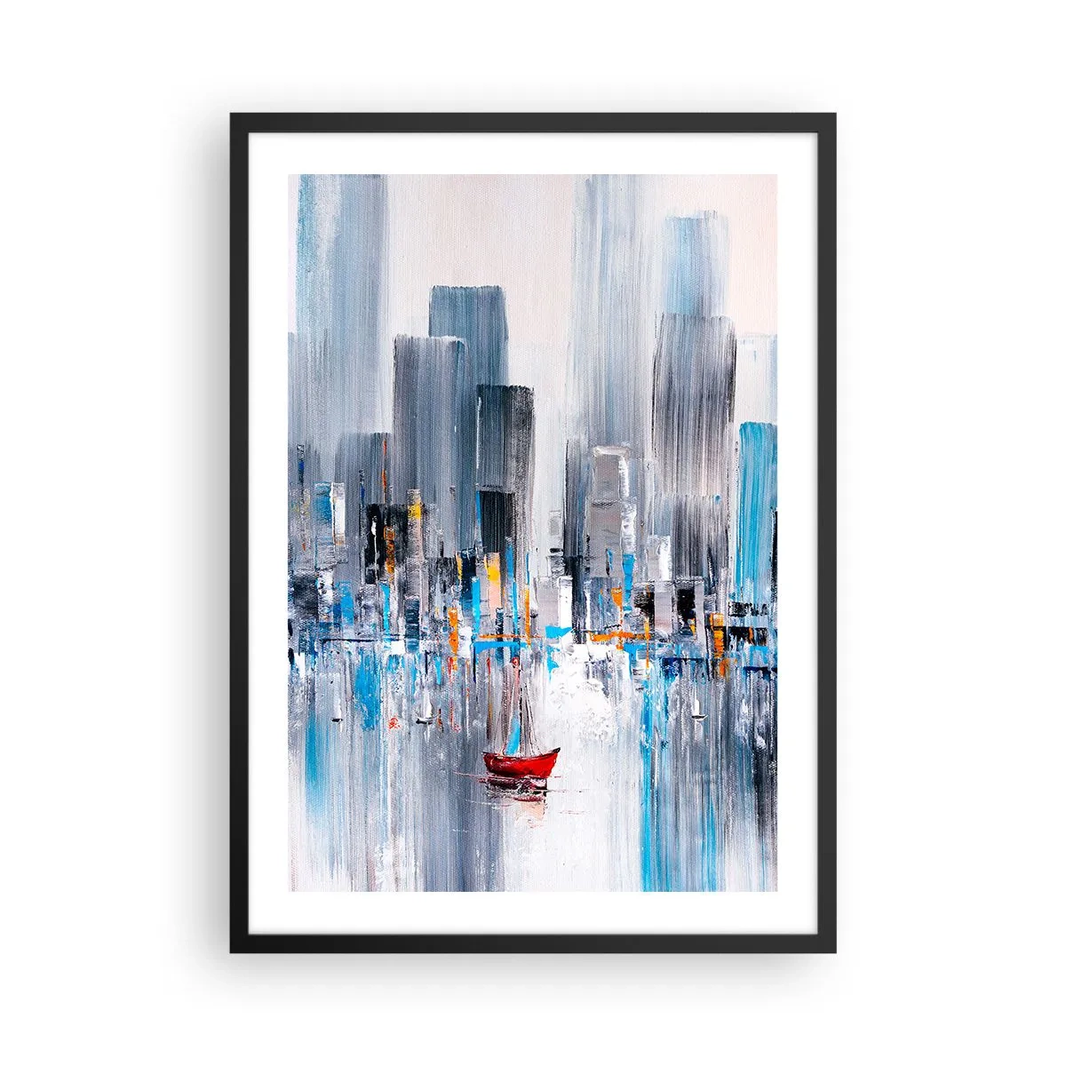 Plakat w czarnej ramie - Abstrakcyjny obraz przedstawiający panoramę miasta nad wodą z czerwoną łodzią - 50x70cm - Metropolia nad zatoką - Nowoczesna dekoracja ścienna do salonu i sypialni ARTTOR