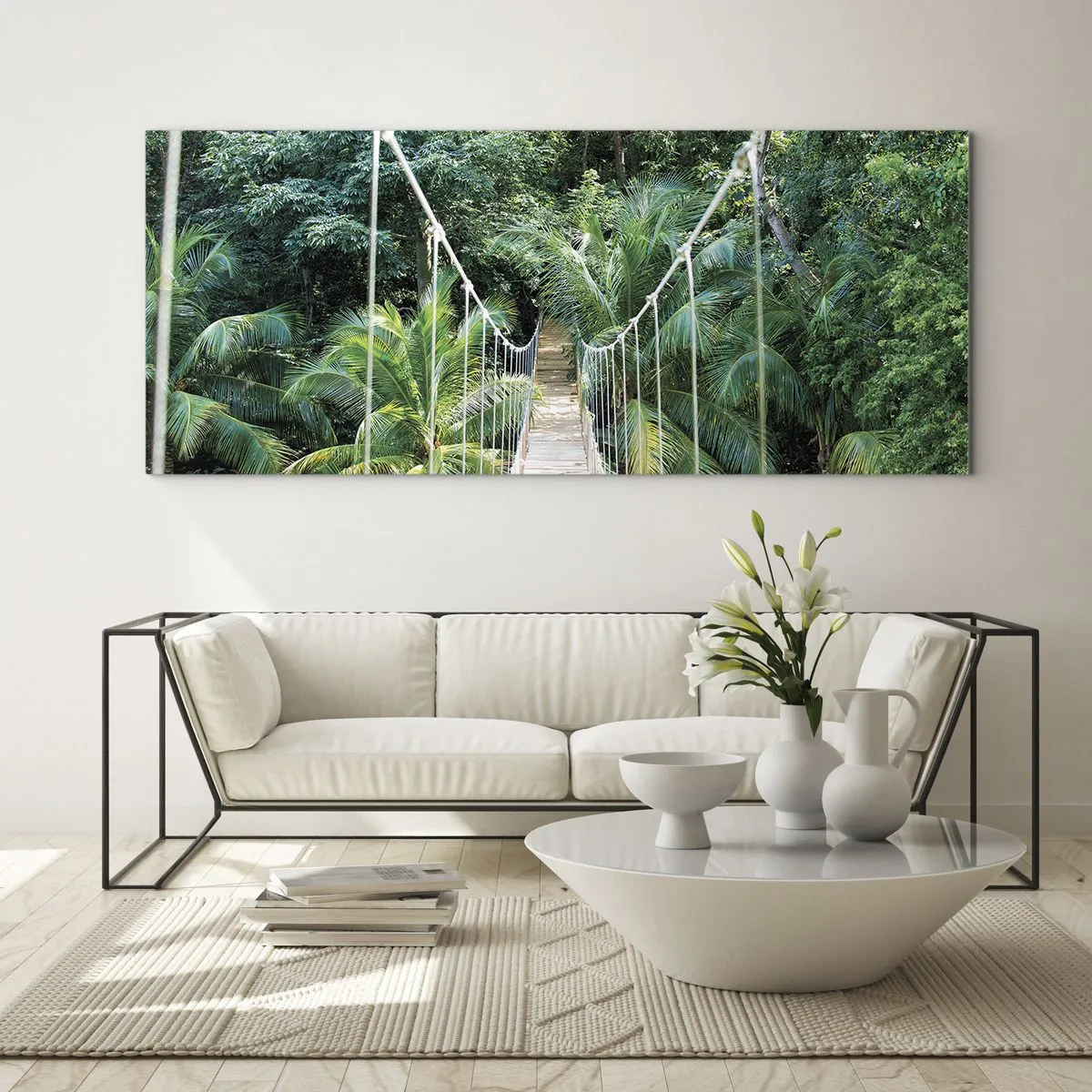 Obraz na szkle - Wiszący most w tropikalnej dżungli pełnej zieleni - 120x50cm - Welcome to the jungle! - Nowoczesna dekoracja ścienna do salonu i sypialni ARTTOR