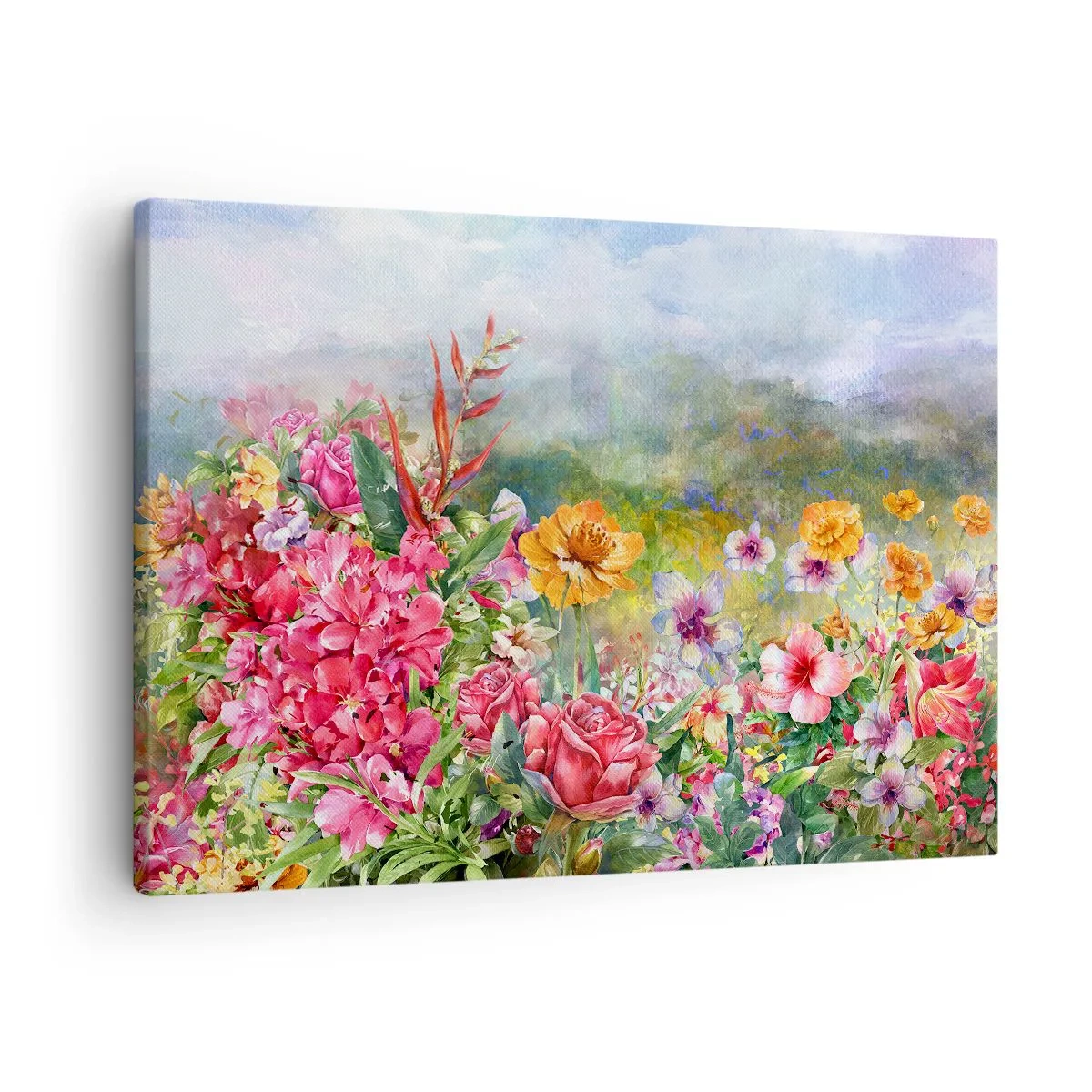 Obraz na płótnie - Barwna kompozycja kwiatów na tle pejzażu w pastelowych kolorach - 70x50cm - Ogród, który oszalał - Nowoczesna dekoracja ścienna do salonu i sypialni ARTTOR