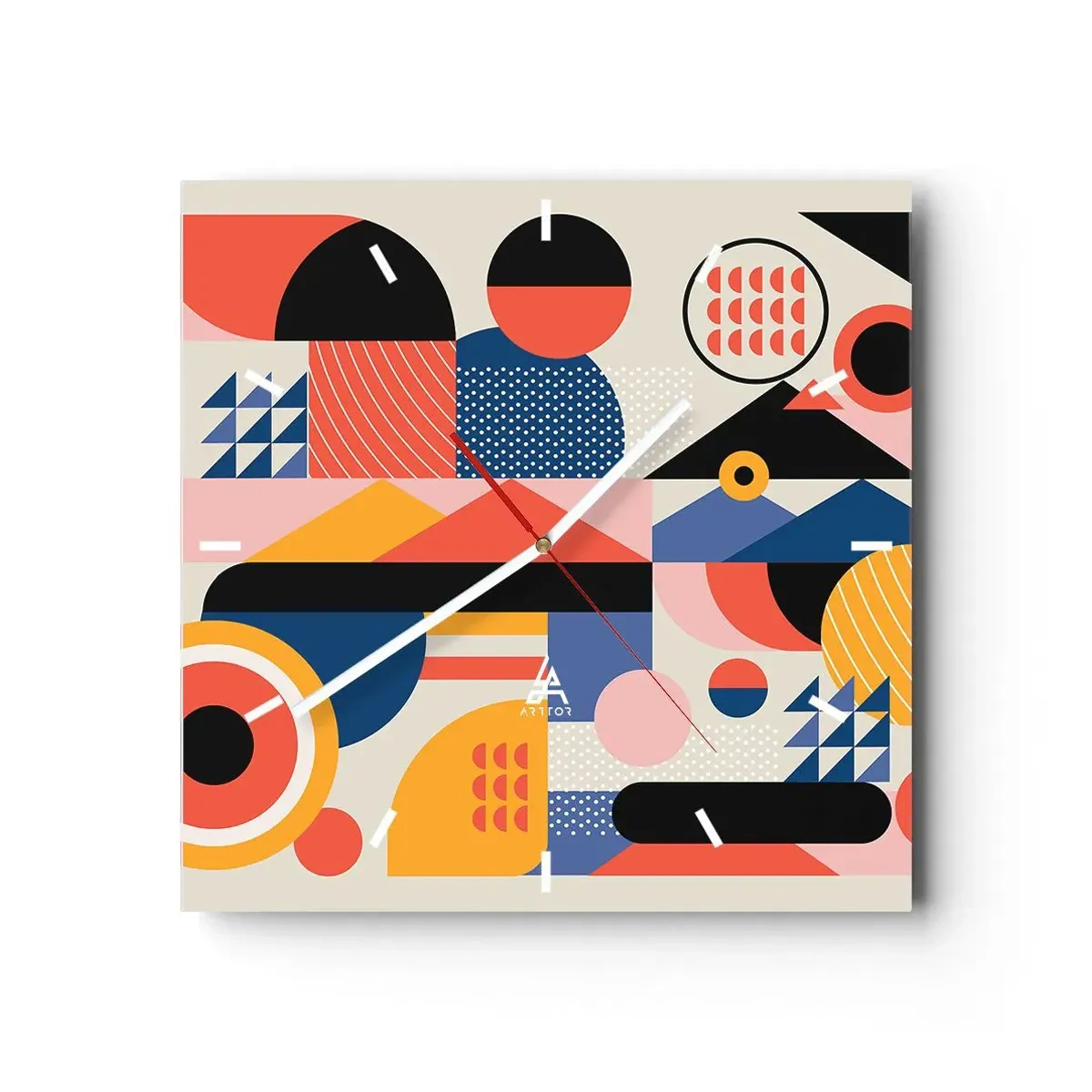 Zegar ścienny - Kolorowe geometryczne kształty w stylu retro - 30x30cm - Kompozycja: pobaw się - Nowoczesna dekoracja ścienna do salonu i sypialni ARTTOR