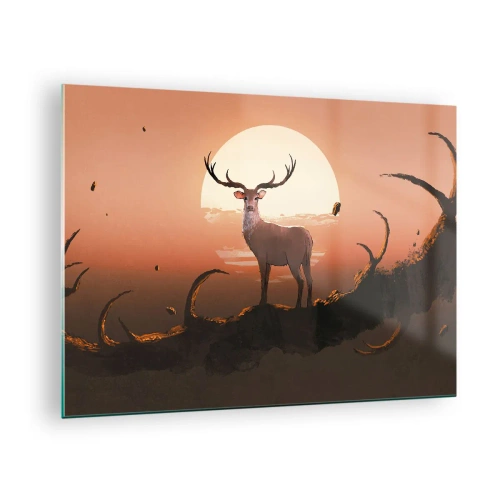 Obraz na szkle - Sylwetka jelenia na tle dużego księżyca w otoczeniu gałęzi - 70x50cm - Ta noc do innych jest niepodobna - Nowoczesna dekoracja ścienna do salonu i sypialni ARTTOR