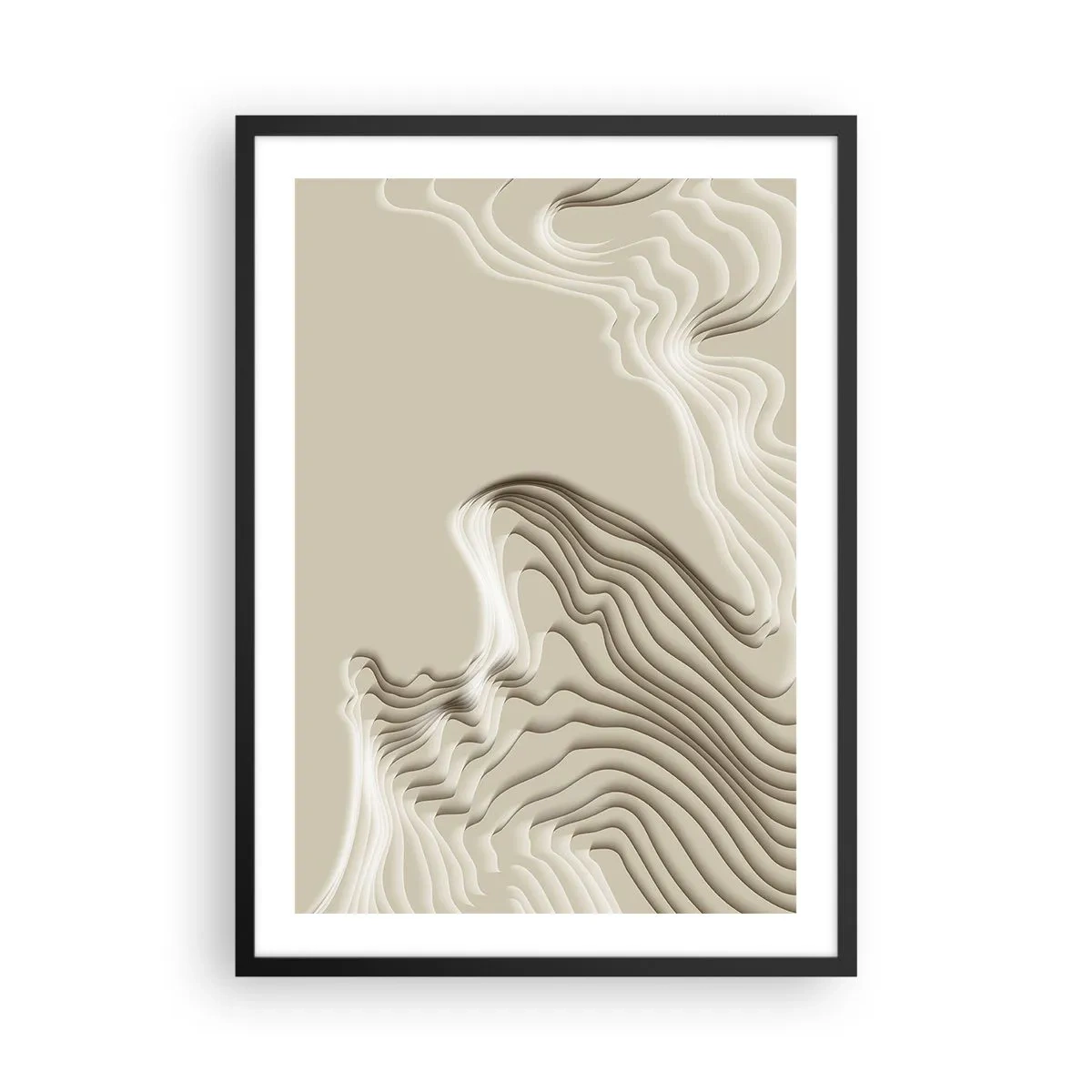 Plakat w czarnej ramie - Warstwowe fale w odcieniach beżu i brązu - 50x70cm - Topografia sztuki - Nowoczesna dekoracja ścienna do salonu i sypialni ARTTOR
