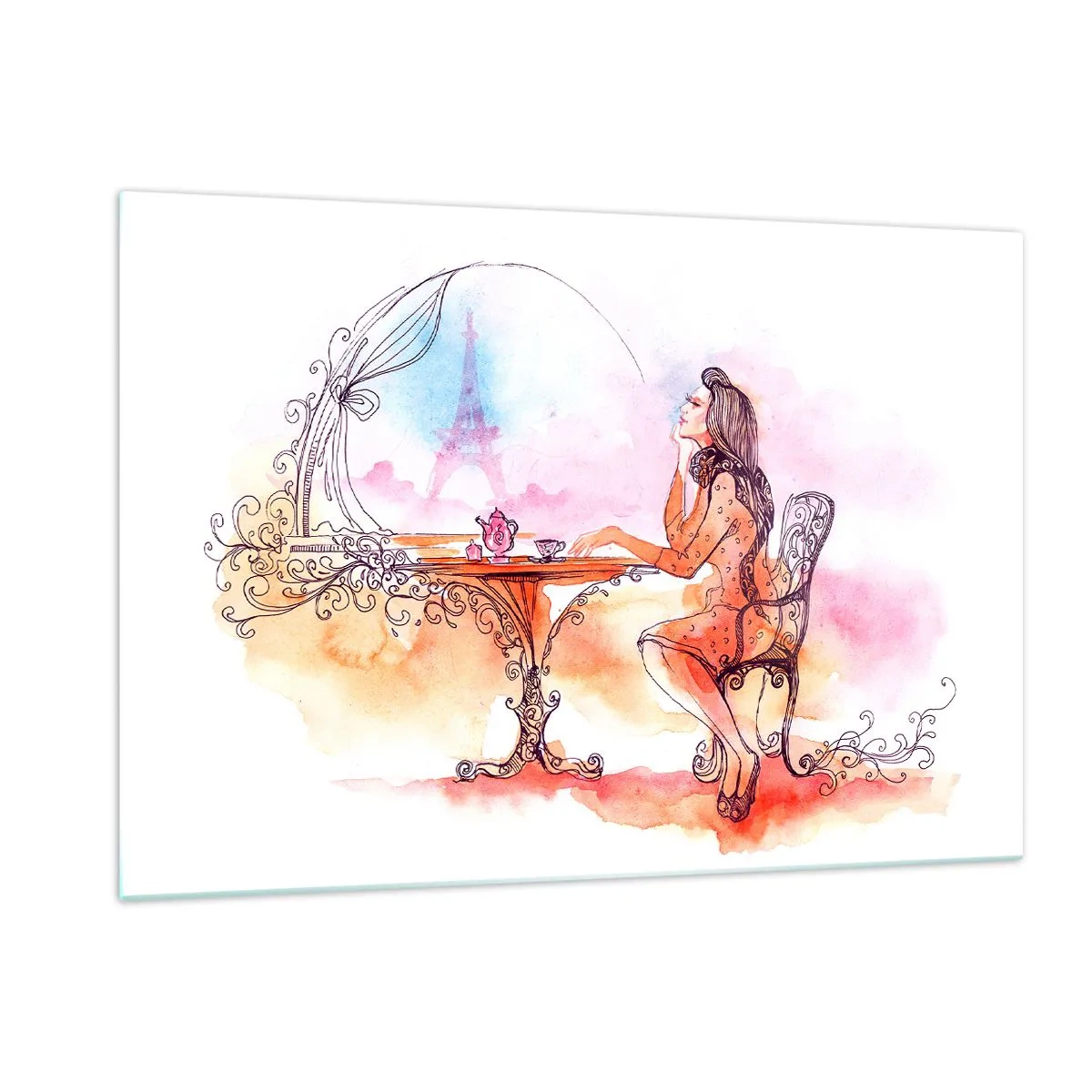 Obraz na szkle - Kobieta przy stoliku z widokiem na Wieżę Eiffla w pastelowej tonacji - 120x80cm - Paryski szyk - Nowoczesna dekoracja ścienna do salonu, kuchni i sypialni ARTTOR