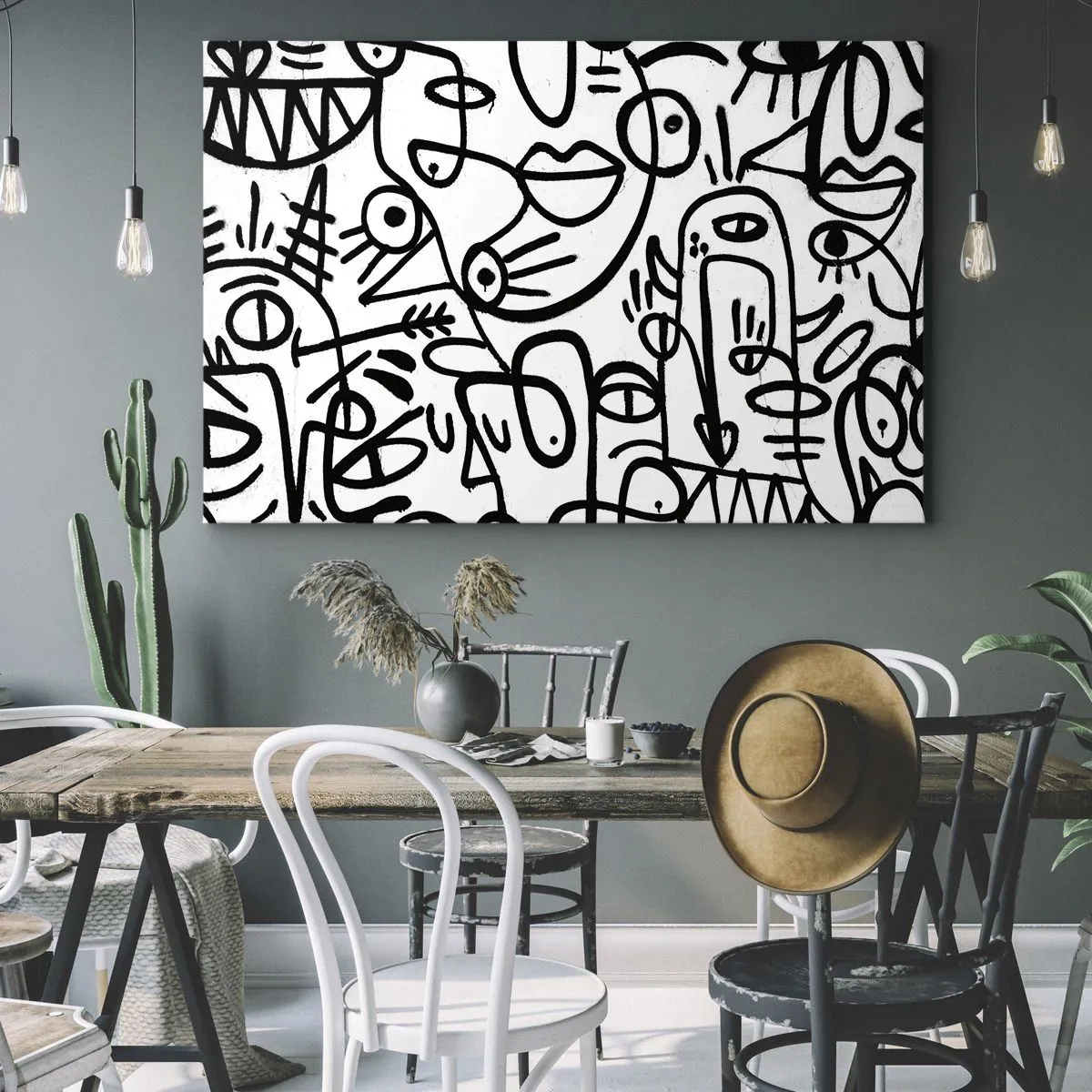 Obraz na płótnie - Czarno-białe abstrakcyjne rysunki z motywami twarzy - 70x50cm - Twarze i miraże - Nowoczesna dekoracja ścienna do salonu i sypialni ARTTOR