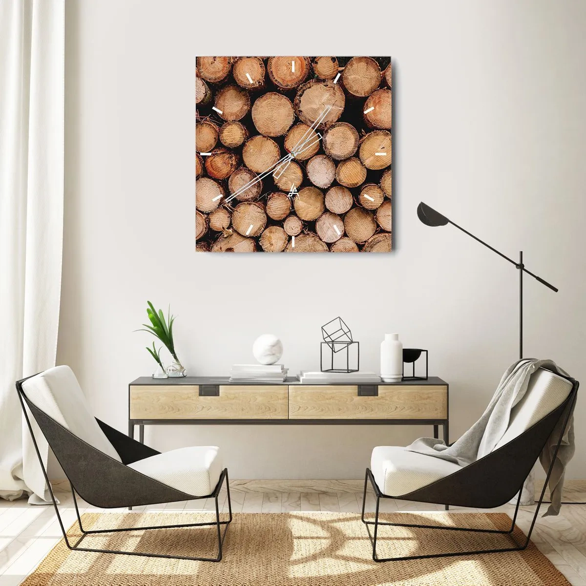 Zegar ścienny - Stosy ściętych pni drzew ułożone w harmonii - 30x30cm - Nowy początek - Nowoczesna dekoracja ścienna do salonu i sypialni ARTTOR