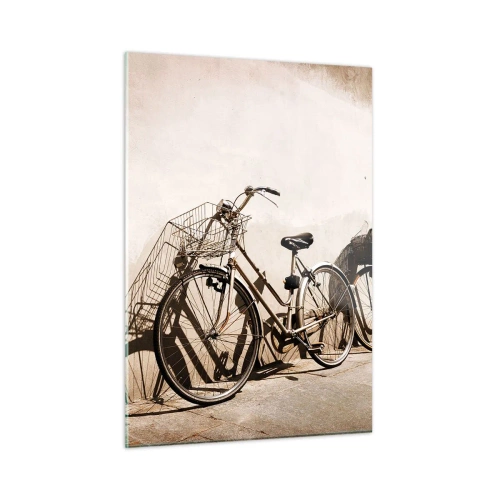 Obraz na szkle - Retro rowery opierające się o starą ścianę - 50x70cm - Niezapomniany urok przeszłości - Nowoczesna dekoracja ścienna do salonu, kuchni i sypialni ARTTOR