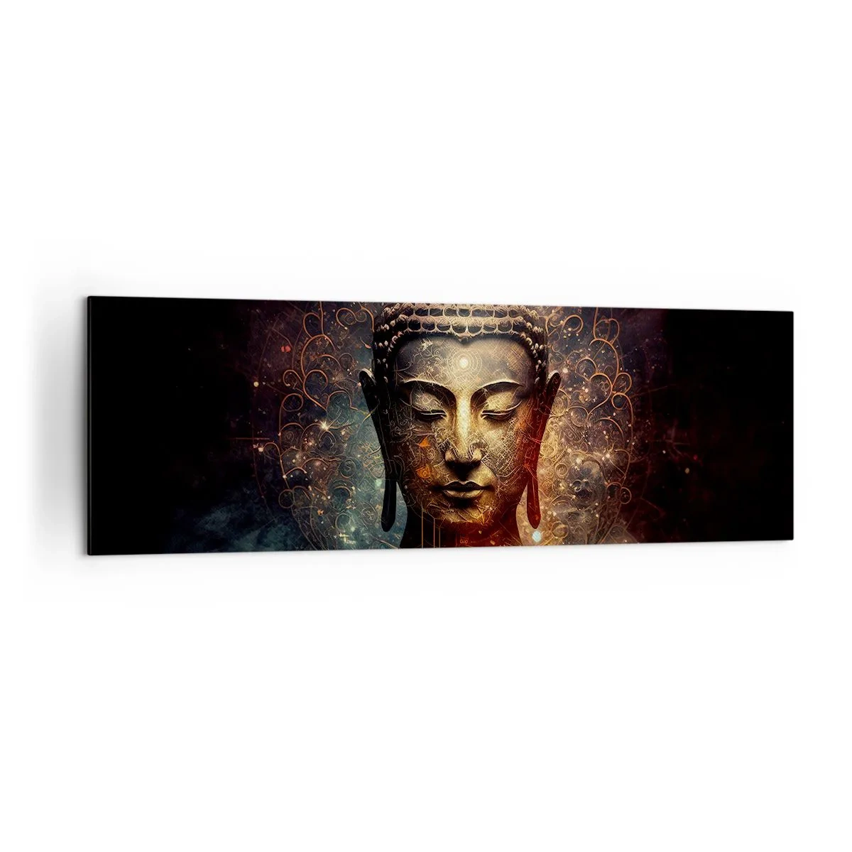 Obraz na płótnie - Złoty Budda na ciemnym tle z ornamentami - 160x50cm - Duchowa równowaga - Nowoczesna dekoracja ścienna do salonu i sypialni ARTTOR