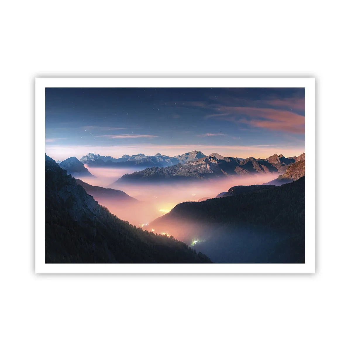 Plakat - Górski krajobraz z doliną wypełnioną mgłą - 100x70cm - Światło w dolinach - Nowoczesna dekoracja ścienna do salonu i sypialni ARTTOR