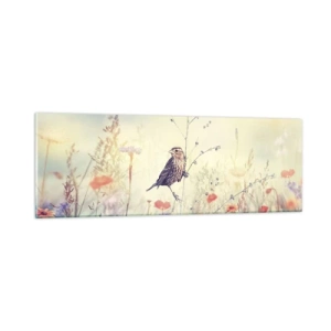 Obraz na szkle - Ptasi portret z łąką w tle - 90x30 cm