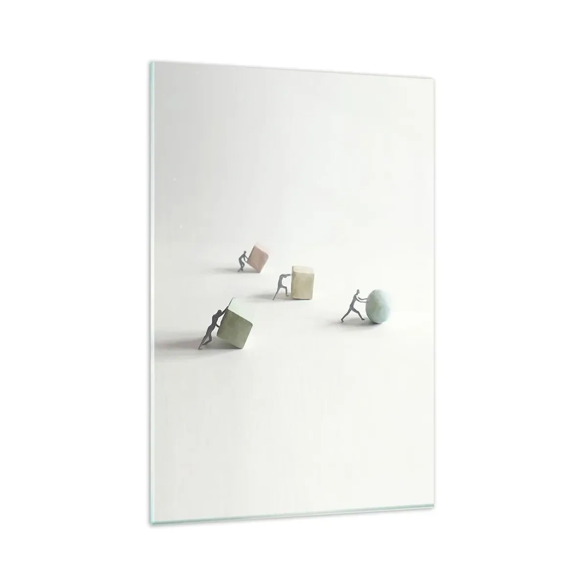 Obraz na szkle - Miniaturowe postacie pchające kształty na jasnym tle - 80x120cm - Samo życie - Nowoczesna dekoracja ścienna do salonu i sypialni ARTTOR