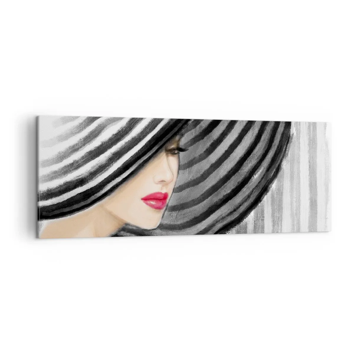 Obraz na płótnie - Kobieta w kapeluszu w czarno-białym stylu z czerwonym akcentem - 140x50cm - Gdzie ciebie szukać? - Nowoczesna dekoracja ścienna do salonu i sypialni ARTTOR