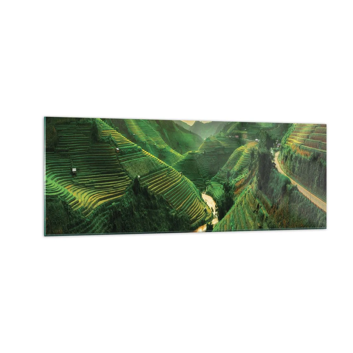 Obraz na szkle - Malownicze tarasy ryżowe w zielonej dolinie oświetlone zachodzącym słońcem - 140x50cm - Wietnamska dolina - Nowoczesna dekoracja ścienna do salonu i sypialni ARTTOR