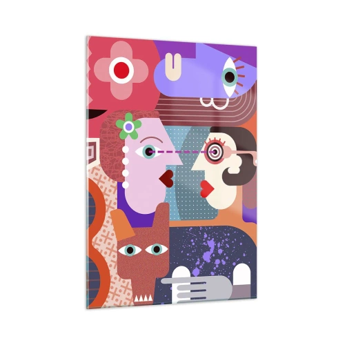 Obraz na szkle - Abstrakcyjna kompozycja twarzy i kształtów w intensywnych barwach - 50x70cm - Oko w oko - Nowoczesna dekoracja ścienna do salonu, kuchni i sypialni ARTTOR