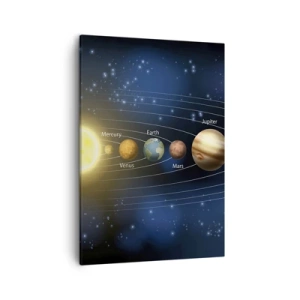 Obraz na płótnie - Układ Słoneczny z nazwami planet na tle kosmosu - 50x70cm - Jedna z dziesięciu - Nowoczesna dekoracja ścienna do salonu, kuchni i sypialni ARTTOR