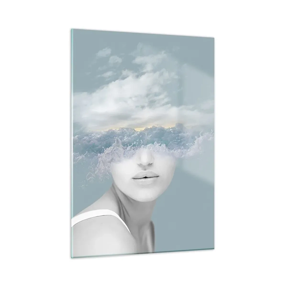 Obraz na szkle - Twarz kobiety połączona z niebem i chmurami w surrealistycznej wizji - 50x70cm - Z głową w chmurach - Nowoczesna dekoracja ścienna do salonu, kuchni i sypialni ARTTOR