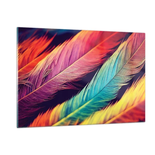 Obraz na szkle - Kolorowe pióra w intensywnych odcieniach tęczy - 120x80cm - Pierzasta tęcza - Nowoczesna dekoracja ścienna do salonu, kuchni i sypialni ARTTOR