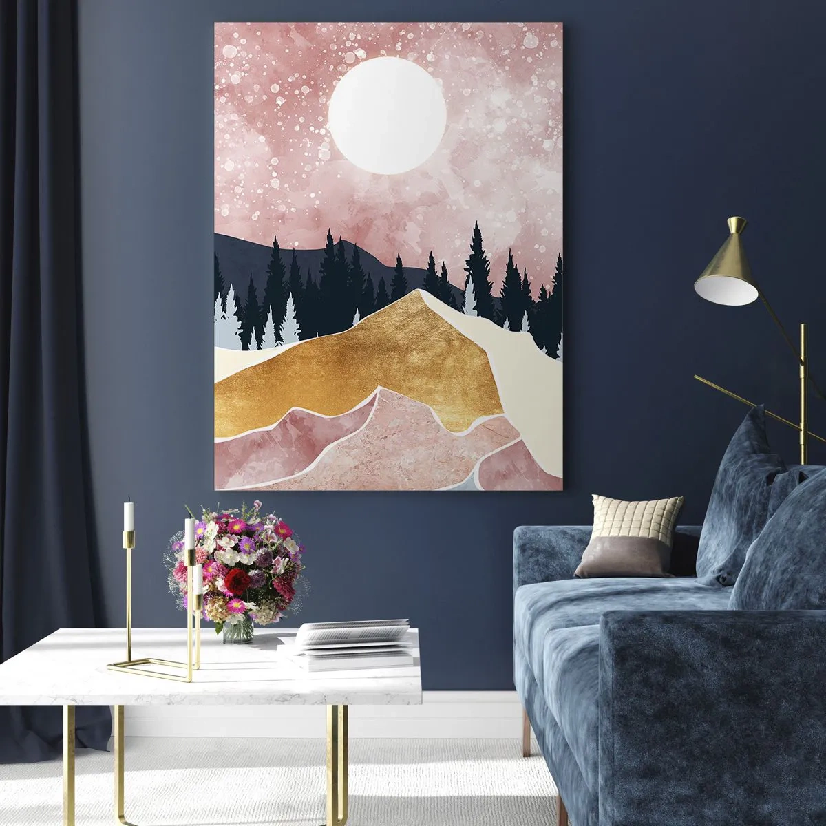 Obraz na szkle - Góry i las w świetle księżyca na tle różowego nieba - 50x70cm - Nocna straż - Nowoczesna dekoracja ścienna do salonu, kuchni i sypialni ARTTOR