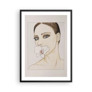 Plakat w czarnej ramie - Portret kobiety z orchideą na ustach - 50x70cm - Symbol elegancji i piękna - Nowoczesna dekoracja ścienna do salonu i sypialni ARTTOR