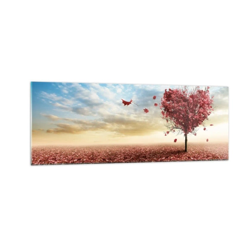 Obraz na szkle - Samotne drzewo w kształcie serca na polu czerwonych liści - 140x50cm - Pokochaj też jesień - Nowoczesna dekoracja ścienna do salonu i sypialni ARTTOR