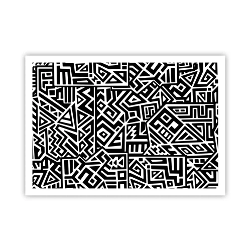 Plakat - Czarno-białe geometryczne wzory inspirowane kulturą prekolumbijską - 100x70cm - Kompozycja prekolumbijska - Nowoczesna dekoracja ścienna do salonu i sypialni ARTTOR