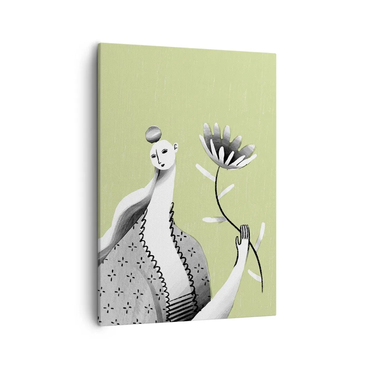 Obraz na płótnie - Abstrakcyjna postać kobiety trzymająca kwiat na zielonym tle - 50x70cm - Portret modernistyczny – trzymająca kwiat - Nowoczesna dekoracja ścienna do salonu, kuchni i sypialni ARTTOR