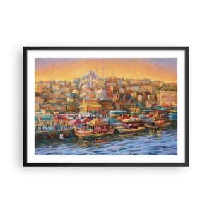 Plakat w czarnej ramie - Malownicza panorama Stambułu z widokiem na zatokę i miasto - 70x50cm - Stambulska opowieść - Nowoczesna dekoracja ścienna do salonu i sypialni ARTTOR