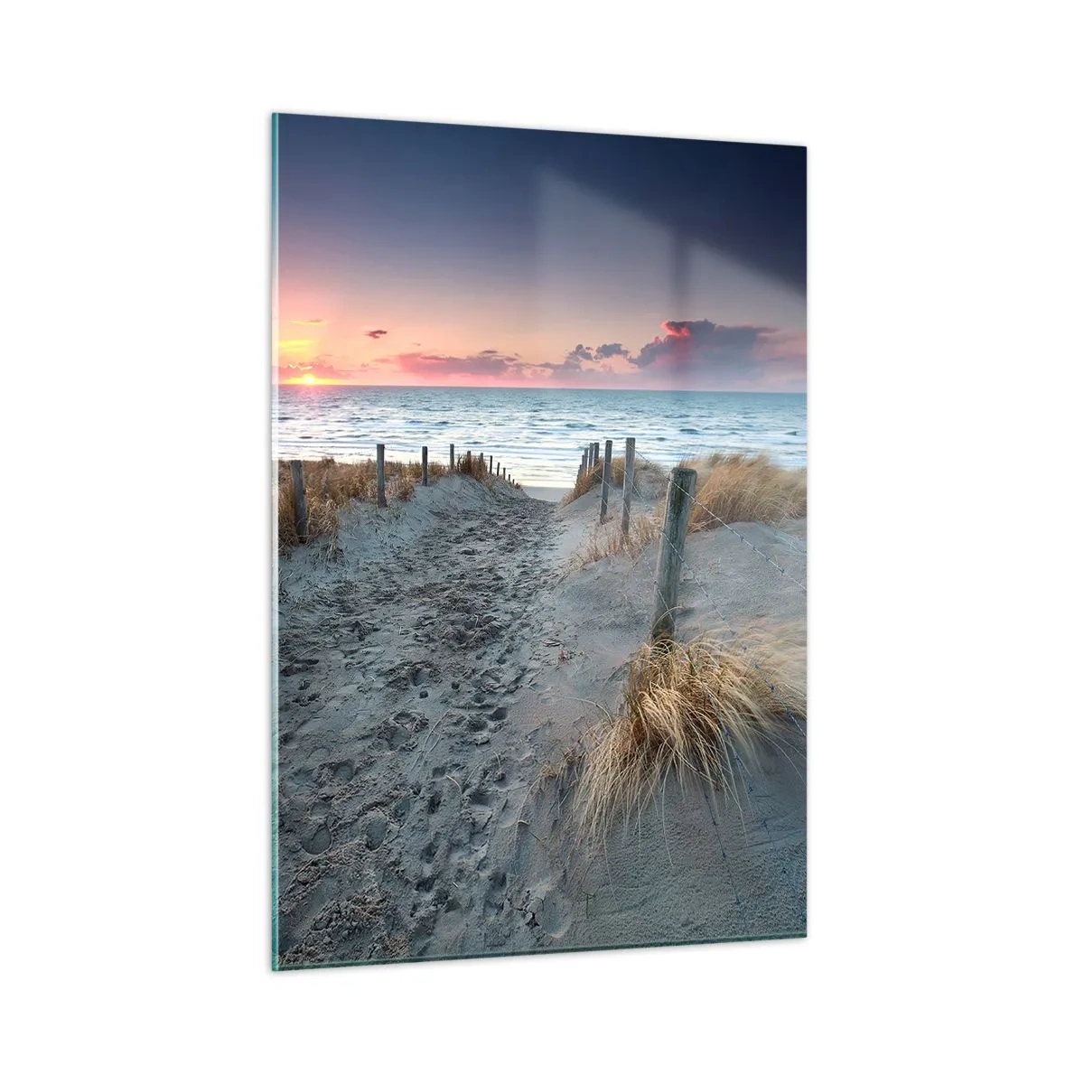 Obraz na szkle - Ścieżka przez wydmy prowadząca do morza o zachodzie - 50x70cm - Rozlałeś tęczę blasków promienistą… - Nowoczesna dekoracja ścienna do salonu, kuchni i sypialni ARTTOR