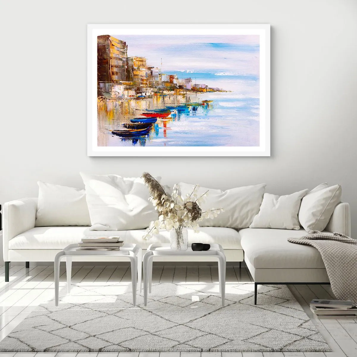 Plakat w białej ramie - Wielobarwna miejska przystań - 100x70 cm