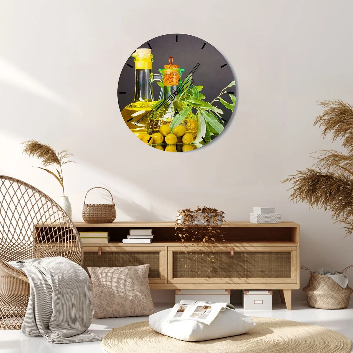 Zegar ścienny - Martwa natura z oliwkami i oliwą - 40x40 cm
