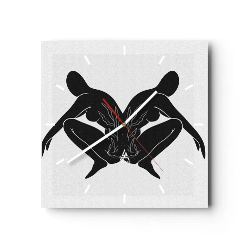 Zegar ścienny - Czarne sylwetki w symetrycznej pozycji na białym tle - 30x30cm - Wspólna dusza - Nowoczesna dekoracja ścienna do salonu i sypialni ARTTOR