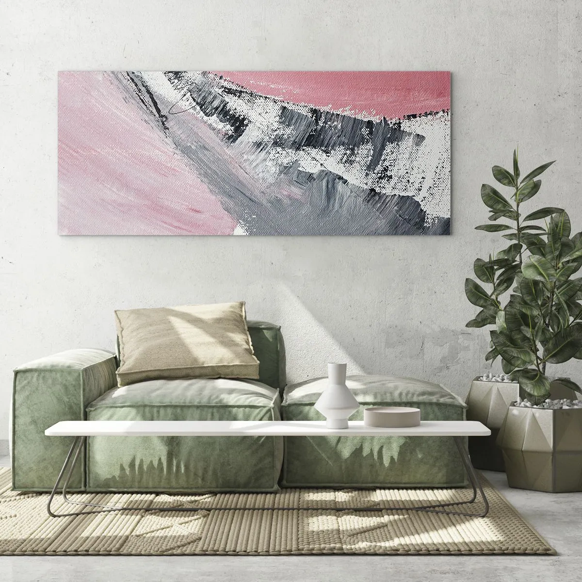 Obraz na szkle - Abstrakcyjna kompozycja w odcieniach różu i szarości - 120x50cm - Kompozycja dopasowana - Nowoczesna dekoracja ścienna do salonu i sypialni ARTTOR