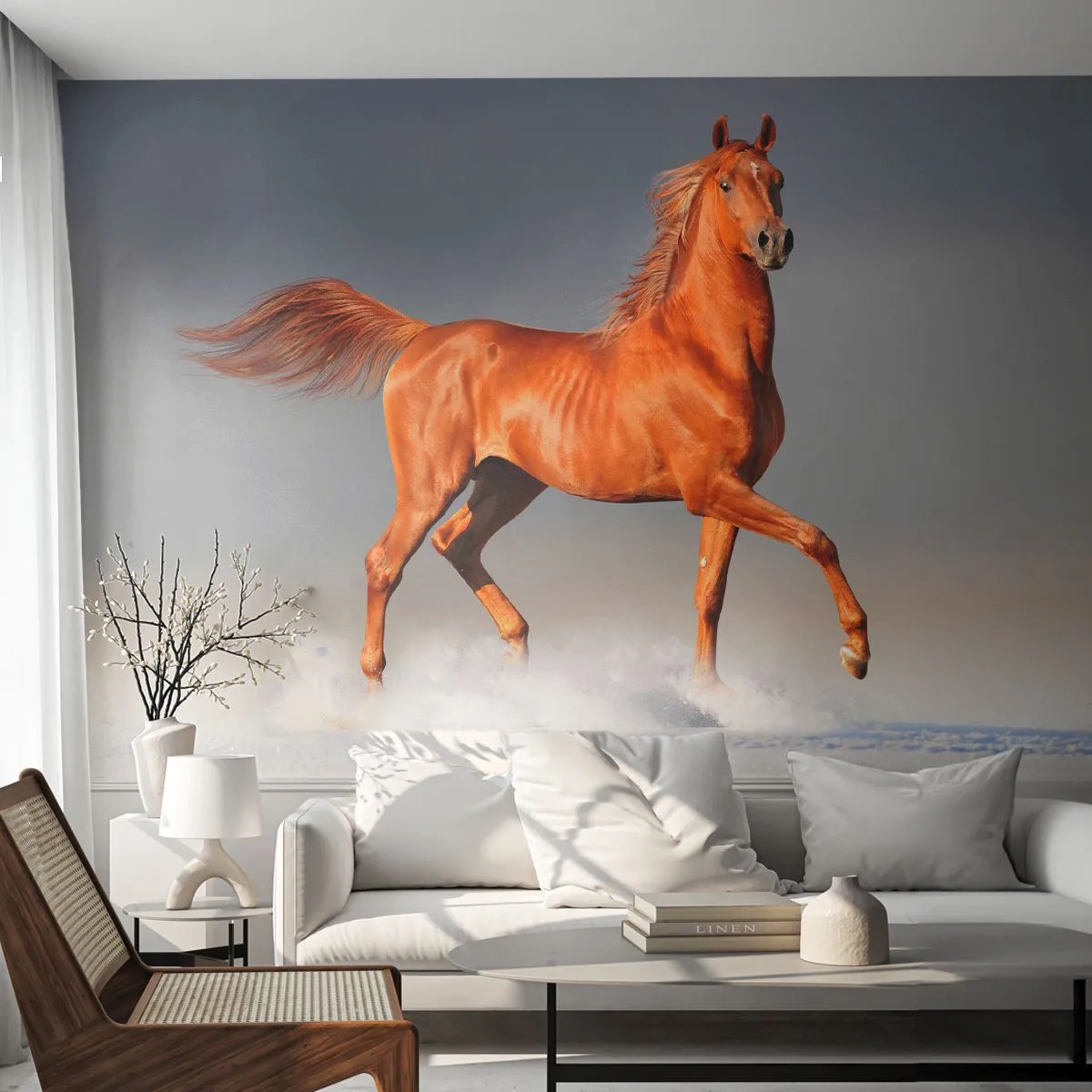 Fototapeta Premium Canvas - Galopujący koń na tle błękitnego nieba - 100x70cm - Tańcząca gracja - Nowoczesna dekoracja ścienna do salonu i sypialni ARTTOR