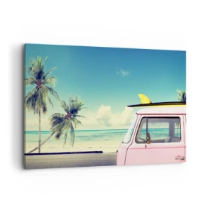 Obraz na płótnie - Różowy van z deską surfingową na tle tropikalnej plaży - 100x70cm - Wakacje czas zacząć - Nowoczesna dekoracja ścienna do salonu, kuchni i sypialni ARTTOR