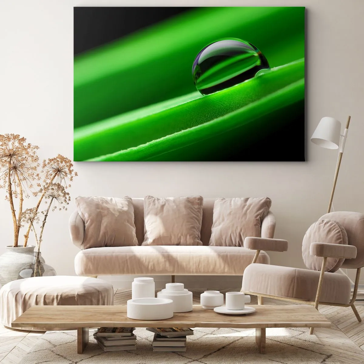 Obraz na płótnie - Kropla rosy na zielonym liściu w zbliżeniu - 100x70cm - Życie z bliska - Nowoczesna dekoracja ścienna do salonu, kuchni i sypialni ARTTOR