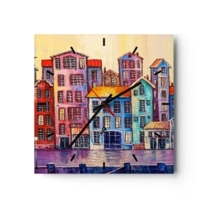 Zegar ścienny - Kolorowe kamienice nad wodą w artystycznym stylu - 30x30cm - Miasto jak z bajki - Nowoczesna dekoracja ścienna do salonu i sypialni ARTTOR