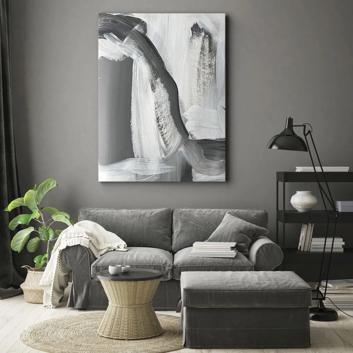 Obraz na płótnie - Abstrakcyjna kompozycja w odcieniach czerni, bieli i szarości z dynamicznymi pociągnięciami pędzla - 50x70cm - Zdecydowanym ruchem - Nowoczesna dekoracja ścienna do salonu, kuchni i sypialni ARTTOR