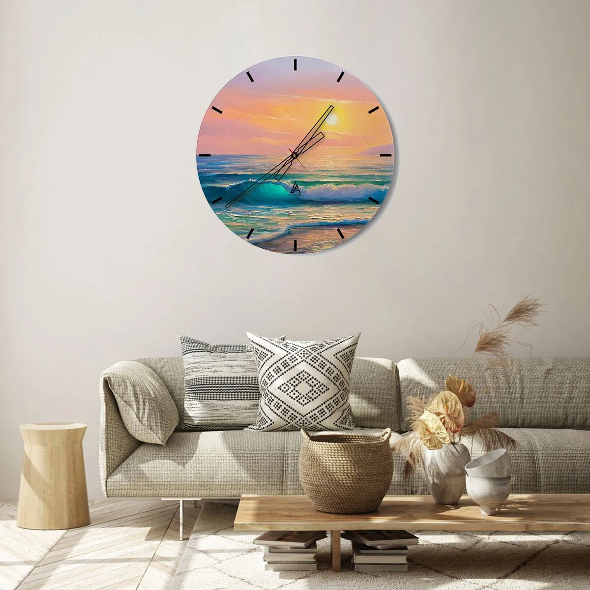 Zegar ścienny - Malowniczy zachód słońca nad spokojnym oceanem - 30x30cm - Turkusowa pieśń fal - Nowoczesna dekoracja ścienna do salonu, kuchni i sypialni ARTTOR