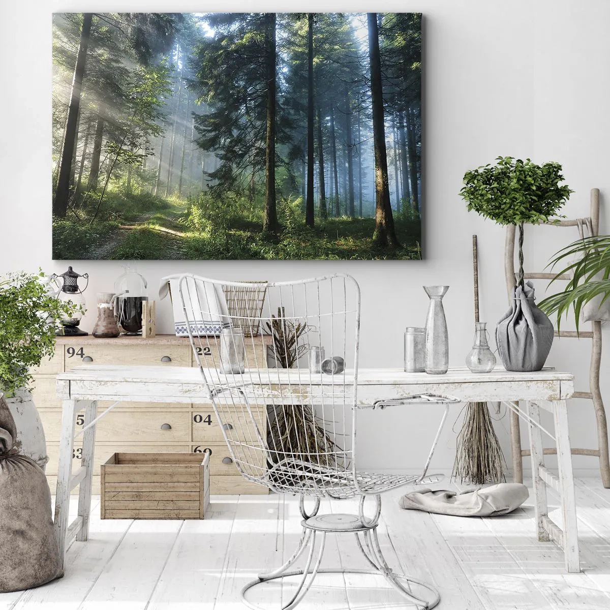 Obraz na płótnie - Leśna ścieżka oświetlona promieniami porannego słońca - 120x80cm - Rozpromieniony o poranku - Nowoczesna dekoracja ścienna do salonu, kuchni i sypialni ARTTOR