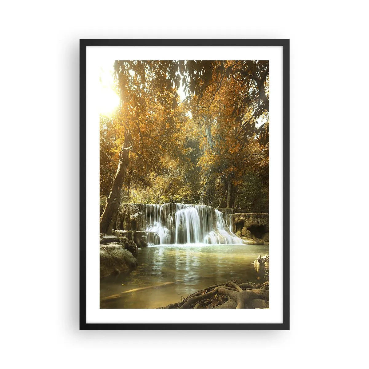 Plakat w czarnej ramie - Jesienny wodospad w świetle słońca - 50x70cm - Parkowa kaskada - Nowoczesna dekoracja ścienna do salonu i sypialni ARTTOR