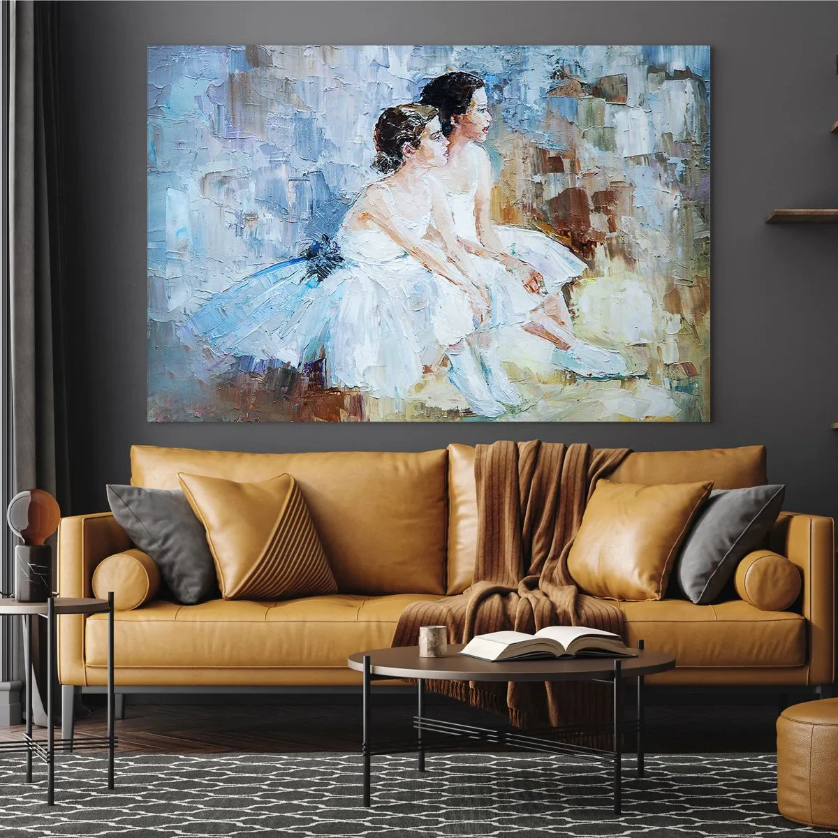 Obraz na szkle - Dwie baletnice w białych sukniach na tle impresjonistycznym - 70x50cm - Odpoczynek młodych łabędzi - Nowoczesna dekoracja ścienna do salonu i sypialni ARTTOR