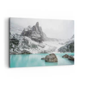 Obraz na płótnie - Górski krajobraz z jeziorem w otoczeniu śnieżnych szczytów - 100x70cm - Na straży - Nowoczesna dekoracja ścienna do salonu, kuchni i sypialni ARTTOR
