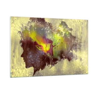 Obraz na szkle - Profil twarzy kobiety wypełniony naturą i kolorowymi efektami - 120x80cm - Matka Natura - Nowoczesna dekoracja ścienna do salonu, kuchni i sypialni ARTTOR